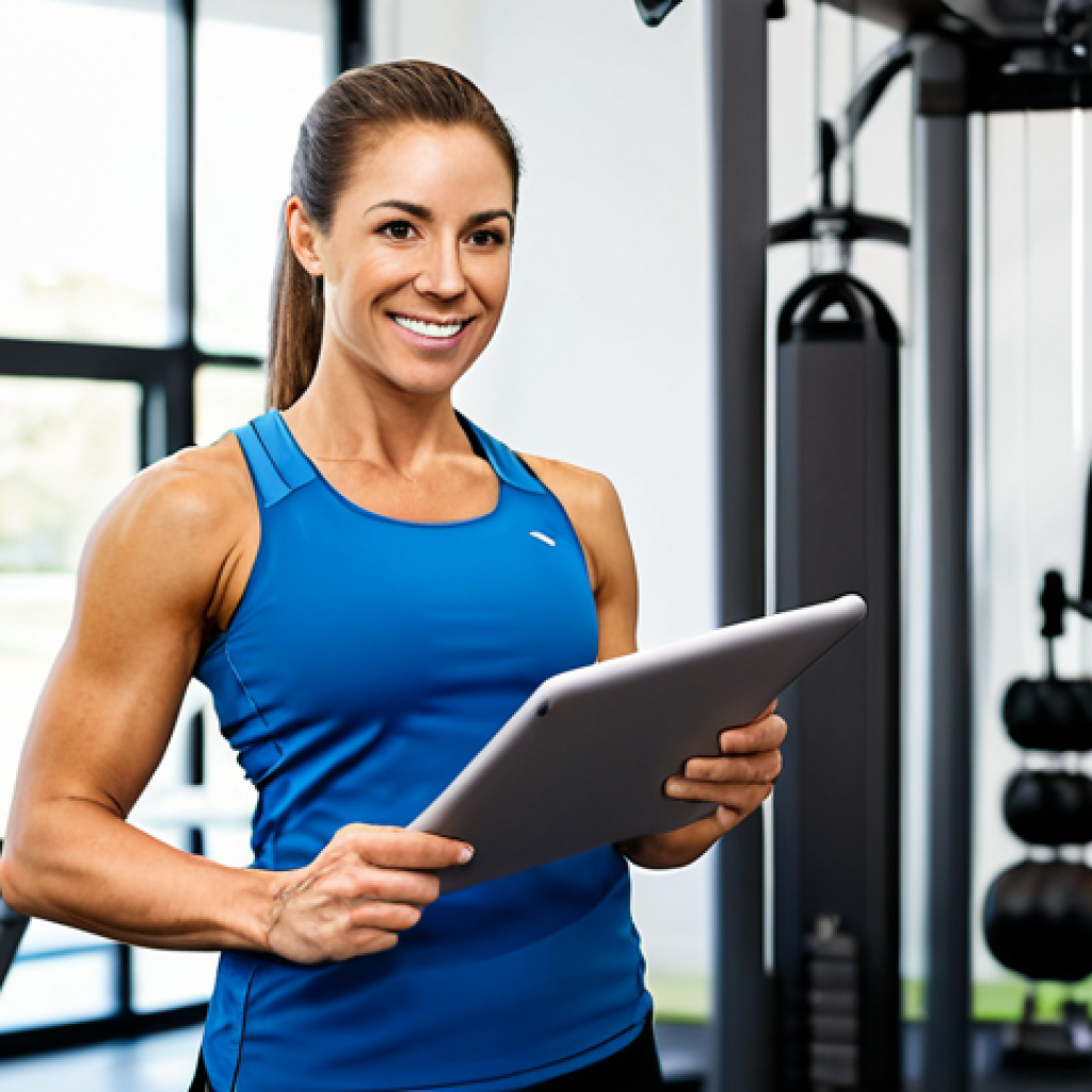 A professional female personal trainer, mid-30s, wearing modest, athletic professional attire including a fitted training top, athletic leggings, and running shoes. She stands confidently with a friendly yet professional expression, looking towards the viewer, holding a tablet. The setting is a clean, brightly lit, high-end personal training studio with modern, sleek exercise equipment subtly blurred in the background. The image should convey professionalism, experience, and an expert approach. professional photography, high quality, perfect anatomy, correct proportions, natural pose, well-formed hands, proper finger count, natural body proportions, safe for work, appropriate content, fully clothed, professional dress, family-friendly.