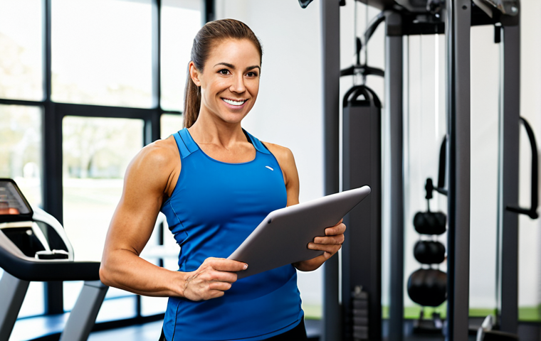 A professional female personal trainer, mid-30s, wearing modest, athletic professional attire including a fitted training top, athletic leggings, and running shoes. She stands confidently with a friendly yet professional expression, looking towards the viewer, holding a tablet. The setting is a clean, brightly lit, high-end personal training studio with modern, sleek exercise equipment subtly blurred in the background. The image should convey professionalism, experience, and an expert approach. professional photography, high quality, perfect anatomy, correct proportions, natural pose, well-formed hands, proper finger count, natural body proportions, safe for work, appropriate content, fully clothed, professional dress, family-friendly.
