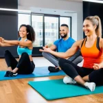 Home 11 퍼스널트레이너의 팀워크 스킬 강화법 - A vibrant, detailed image of a diverse group of five personal trainers – three women and two men of ...