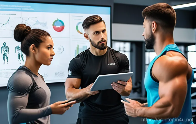 퍼스널트레이너의 팀워크 스킬 강화법 - An uplifting and energetic scene depicting a diverse community of personal trainers and their client...